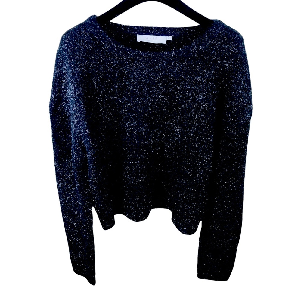ASTR Black Metallic Sparkle Sweater  Large Crop Long Sleeve Ho…